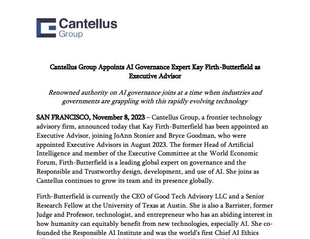 Cantellus Group Appoints AI Governance Expert Kay Firth-Butterfield as Executive Advisor
