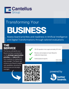 A digital flyer with a checklist of what the service offers: 35-50 question tool, approximately 20 mins, Review and analysis of each Board’s collected responses, Individualized reports. This includes a QR code.